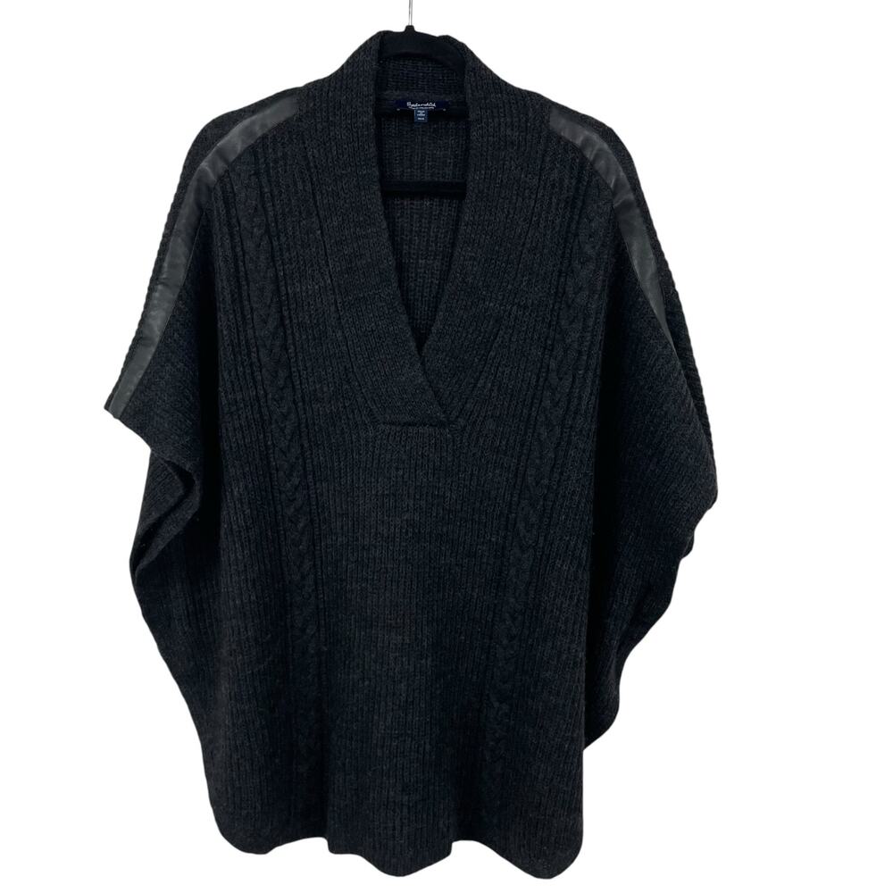 Splendid V Neck Cable Knit Faux Leather Trimmed Poncho Sweater Size XS / Small